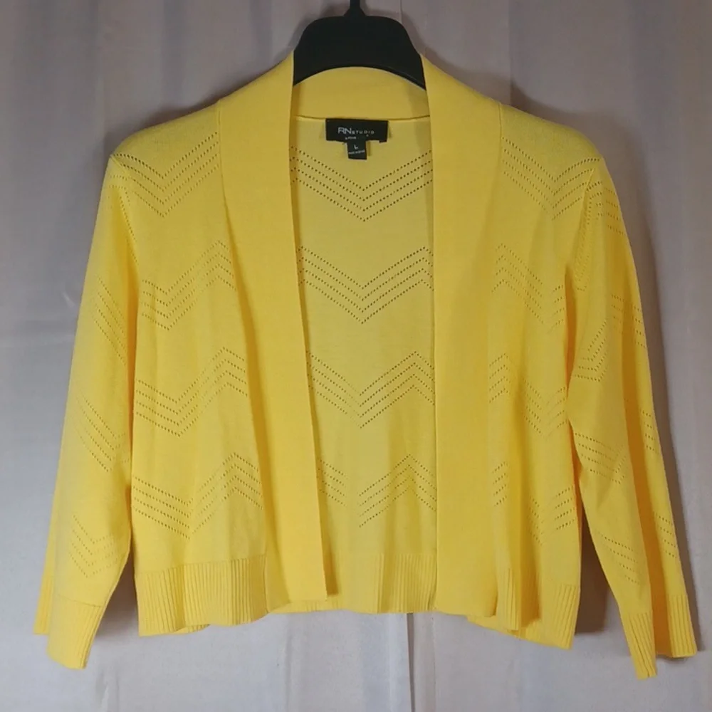 RN Studio Canary Happy Yellow Pointelle Open Front Cropped Cardigan Sweater